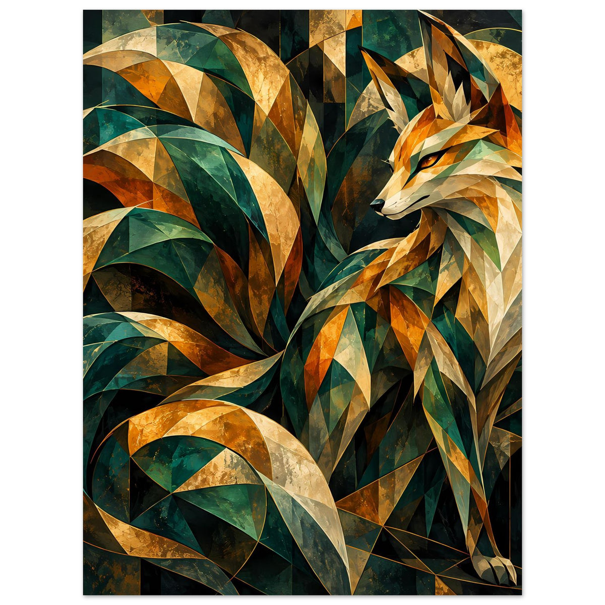 Quadratisches Kunstposter: Fuchs aus prismatischen Facetten in Grün, Gold und Orange