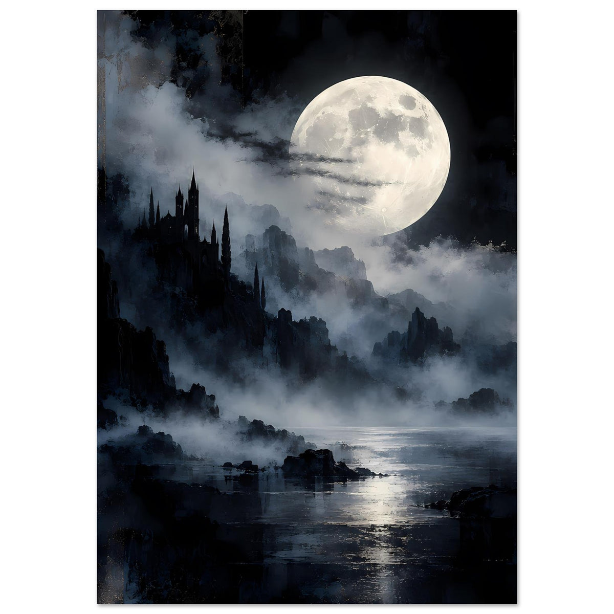 Hochformat-Poster: großer Mond über Nebelmeer, dunkle Burgsilhouette am Ufer