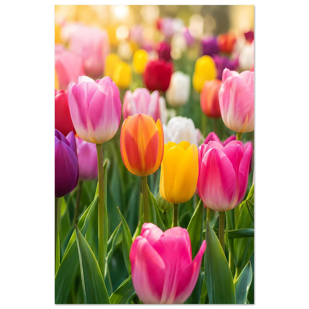 Tulpen-Gartenposter mit rosa, violetten und orangefarbenen Tulpenblüten im Grünen