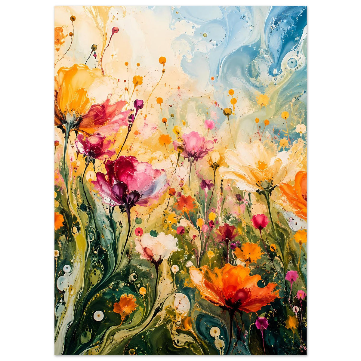 Gestapeltes Blumenposter im Hochformat: orangefarbene, pinke und blaue Blüten mit Farbspritzern