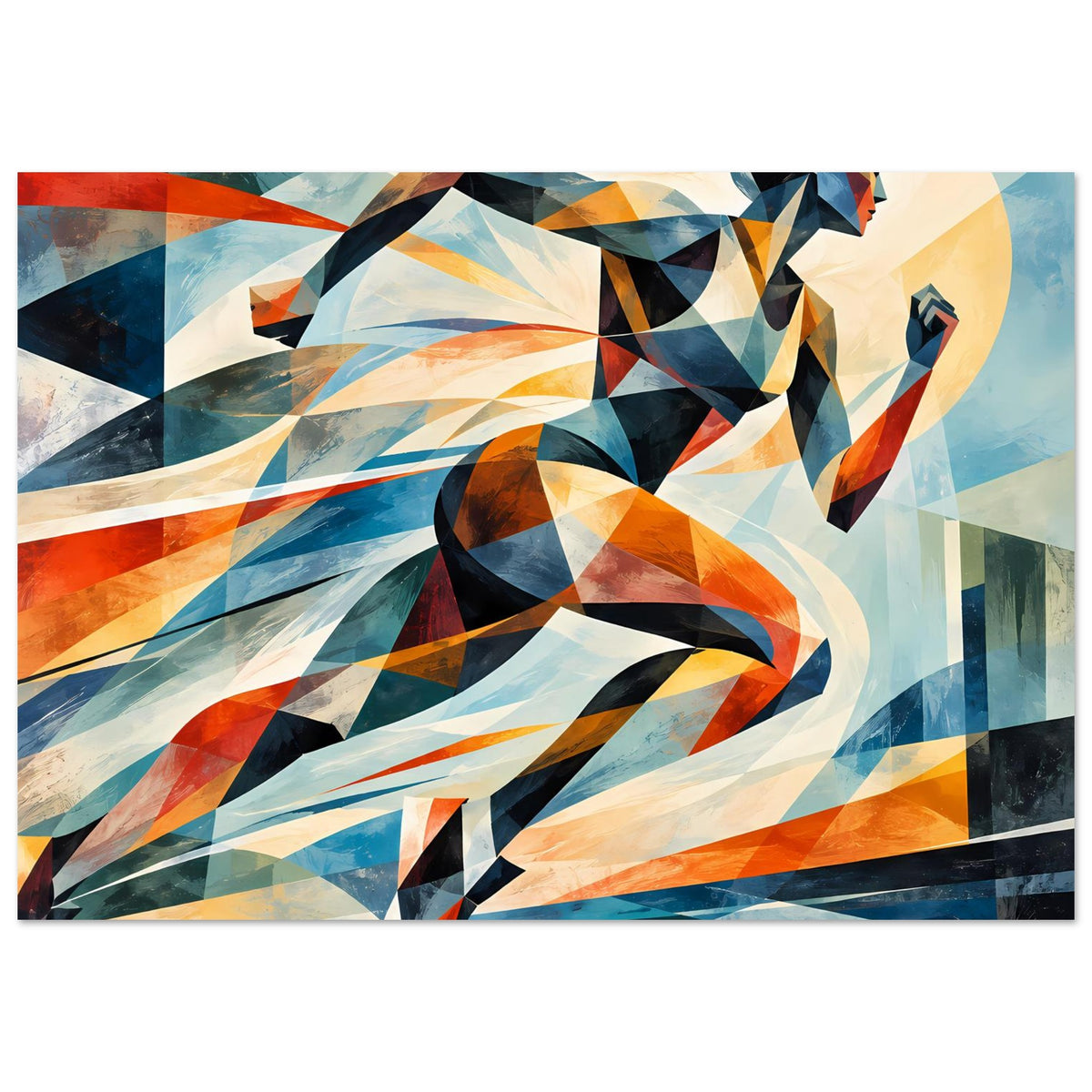 Abstraktes Horizontposter mit Läuferin-Silhouette aus Farbflächen in Blau und Orange