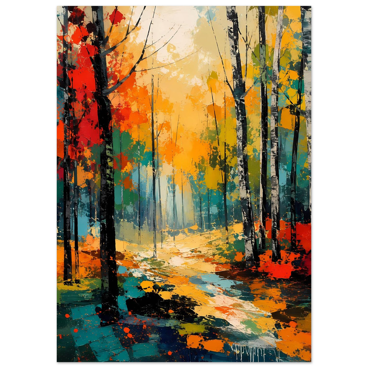 Herbstwald-Poster mit hohen Baumstämmen, orange-gelbem Licht und farbigem Weg im Vordergrund