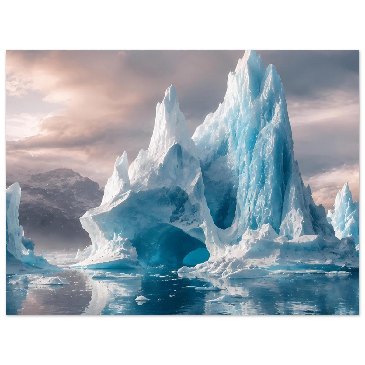 Poster mit Eisbergmotiv, quer: große Eisberge, tiefblaues Wasser und klare Reflexionen.