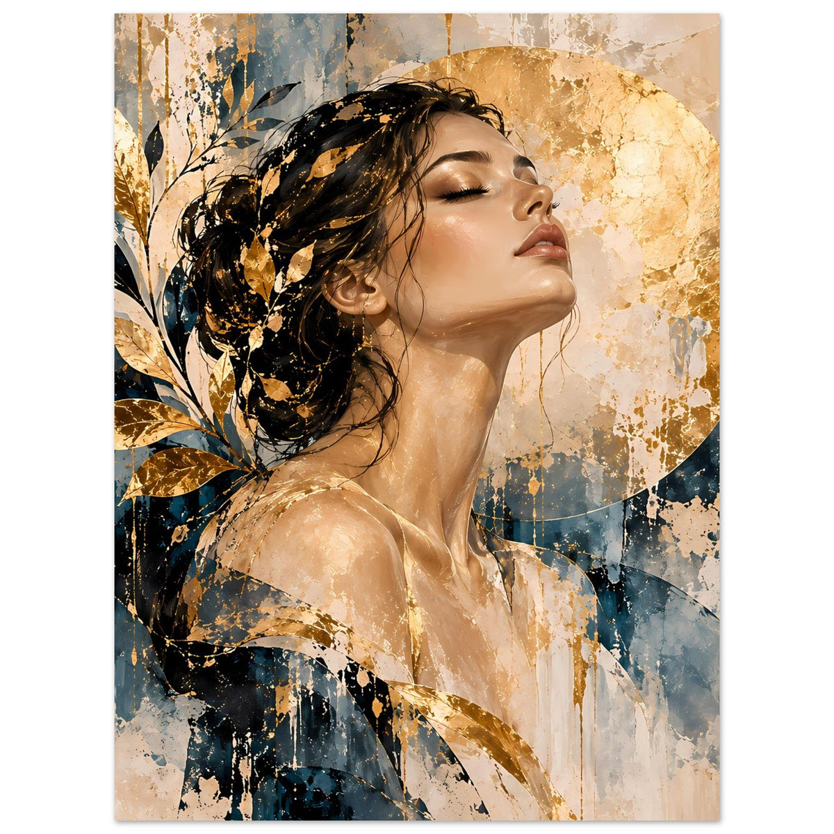 Kunst-Poster: Frauengesicht im Profil mit geschlossenen Augen, goldene Blattmotive, Blau