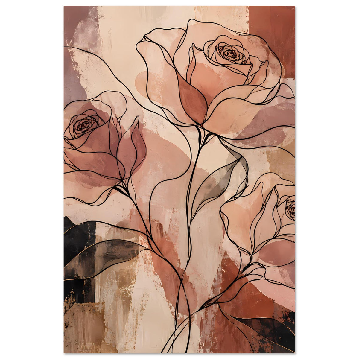 Hochformat-Poster mit Rosen-Linienkunst in Terrakotta- und Erdtönen