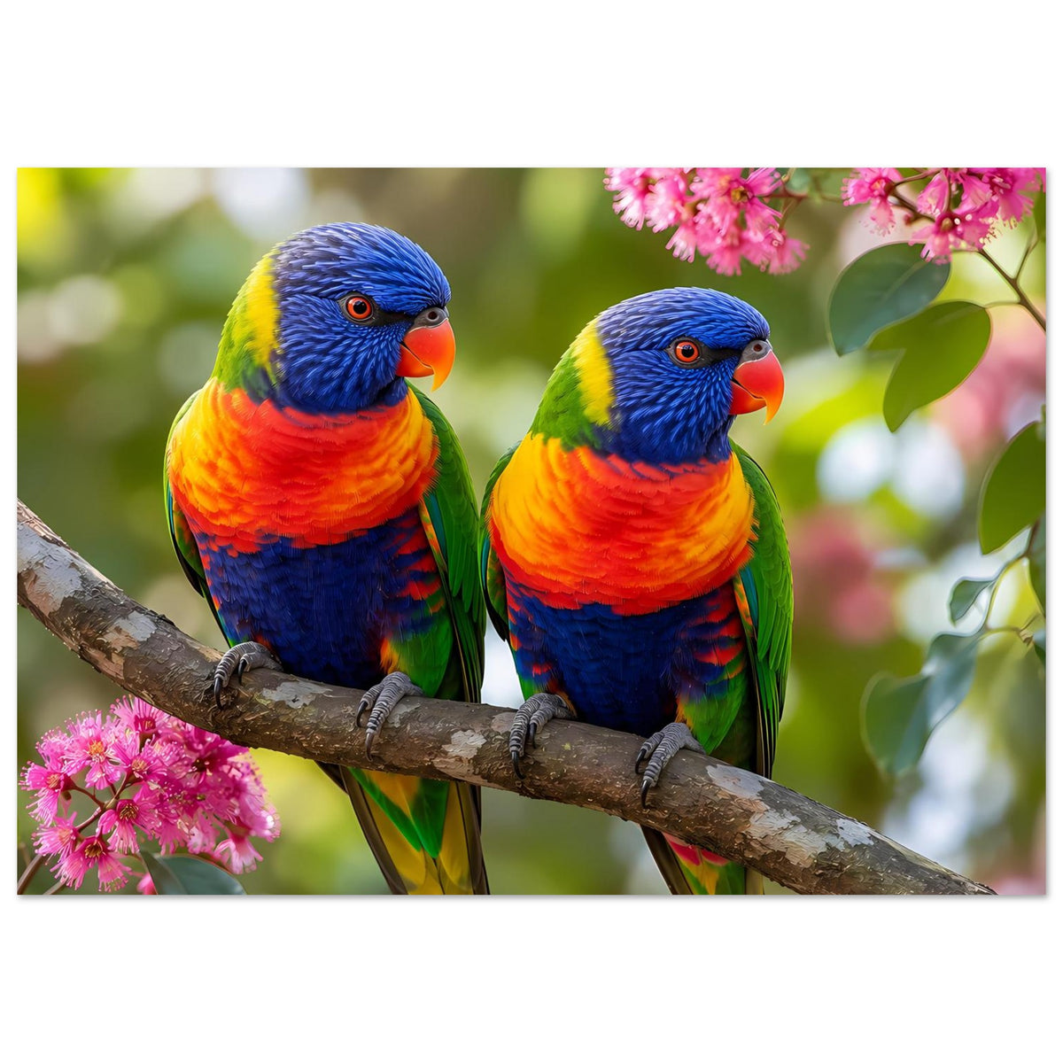 Poster im Hochformat: zwei Regenbogenlori auf Ast, blau-orange Gefieder, pinke Blüten unten