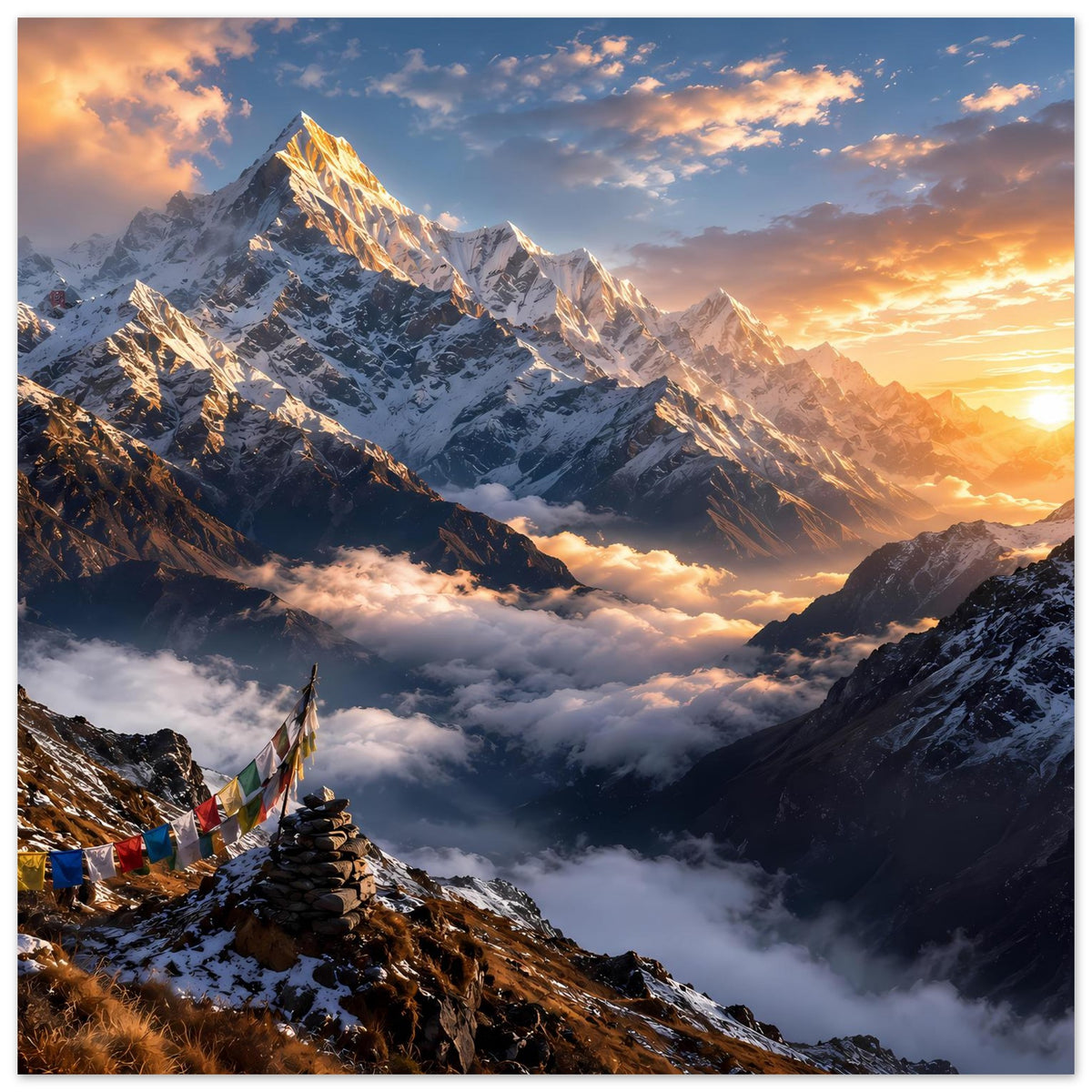 Poster: Dramatische Berglandschaft bei Sonnenaufgang, farbige Wimpel am Grat, horizontal