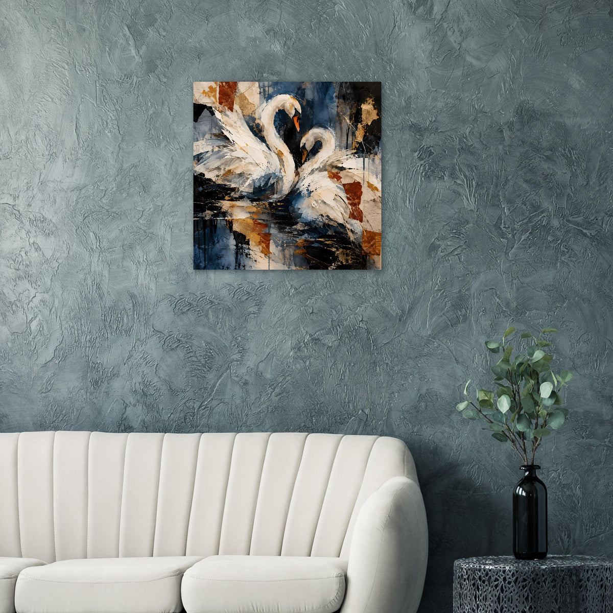 Quadratisches Poster mit Schwanenmotiv: weißer Schwan vor blauem und braunem Farbgrund