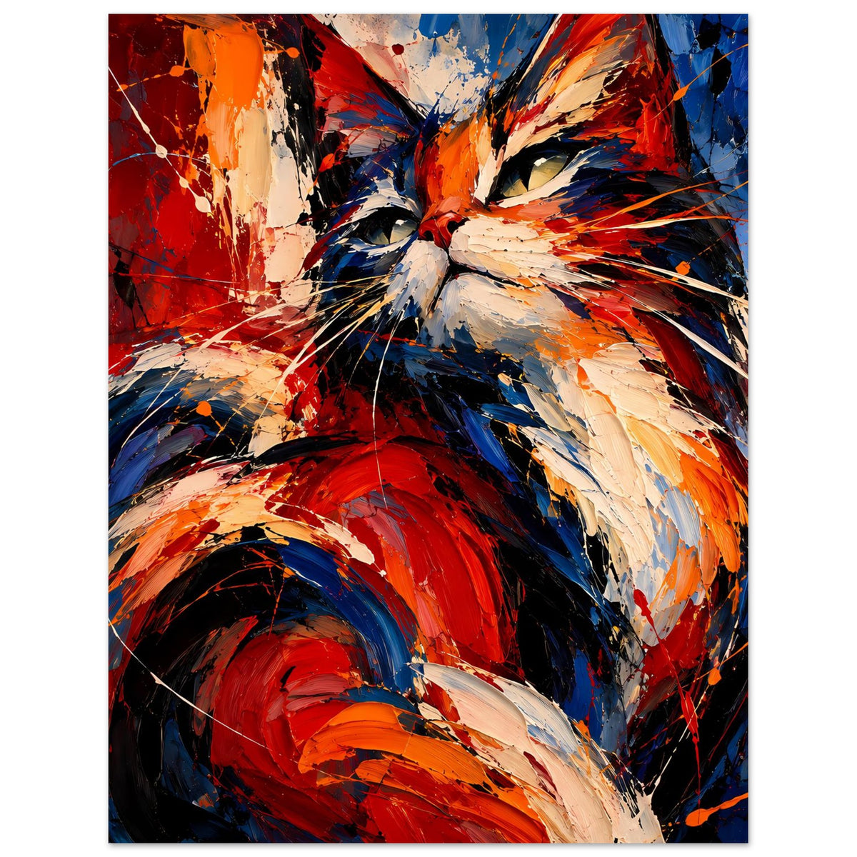 Abstraktes Katzenposter mit naher Ansicht des Katzenkopfs in Rot, Blau, Orange und Weiß