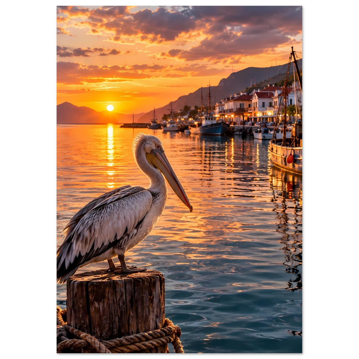 Premium-Poster: Pelikan auf Holzpfahl, Sonnenuntergang am ruhigen Hafen
