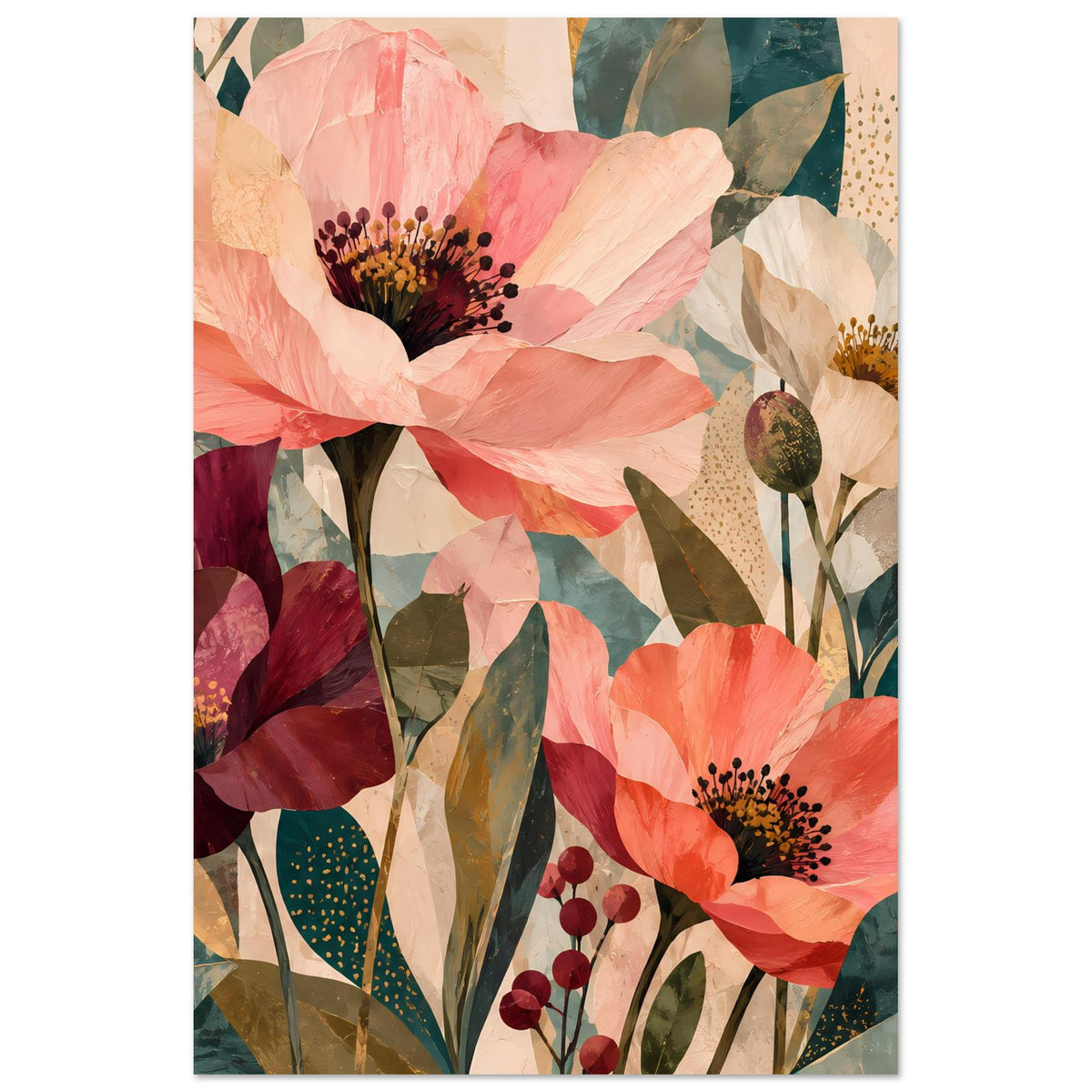 Blumenkunst-Poster im Hochformat: große Blüten in Koralle und Dunkelrot, mit grünen Blättern