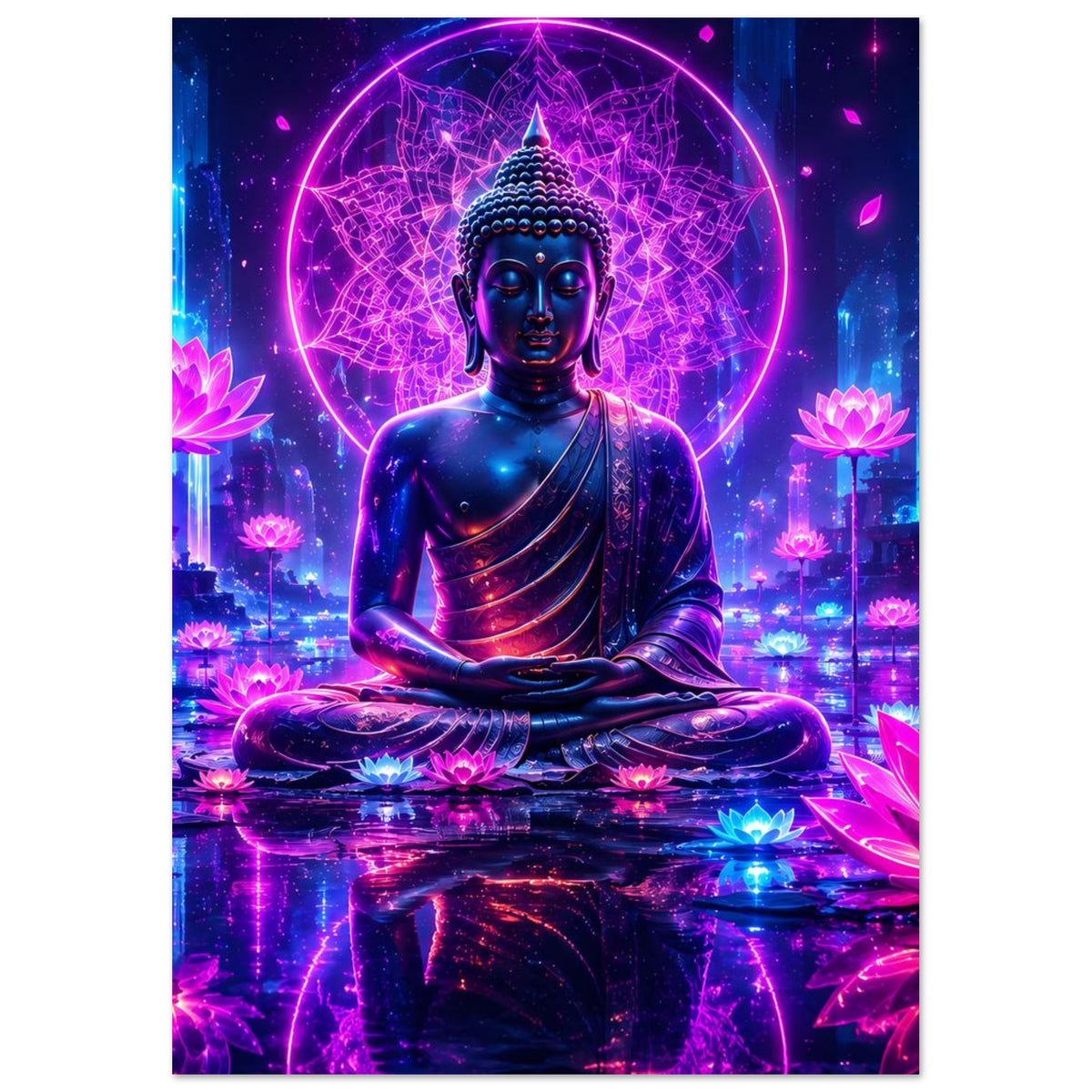 Neon-Buddha-Poster im Quadrat: blaues Buddha-Motiv mit violetter Aura und Lotusblüten