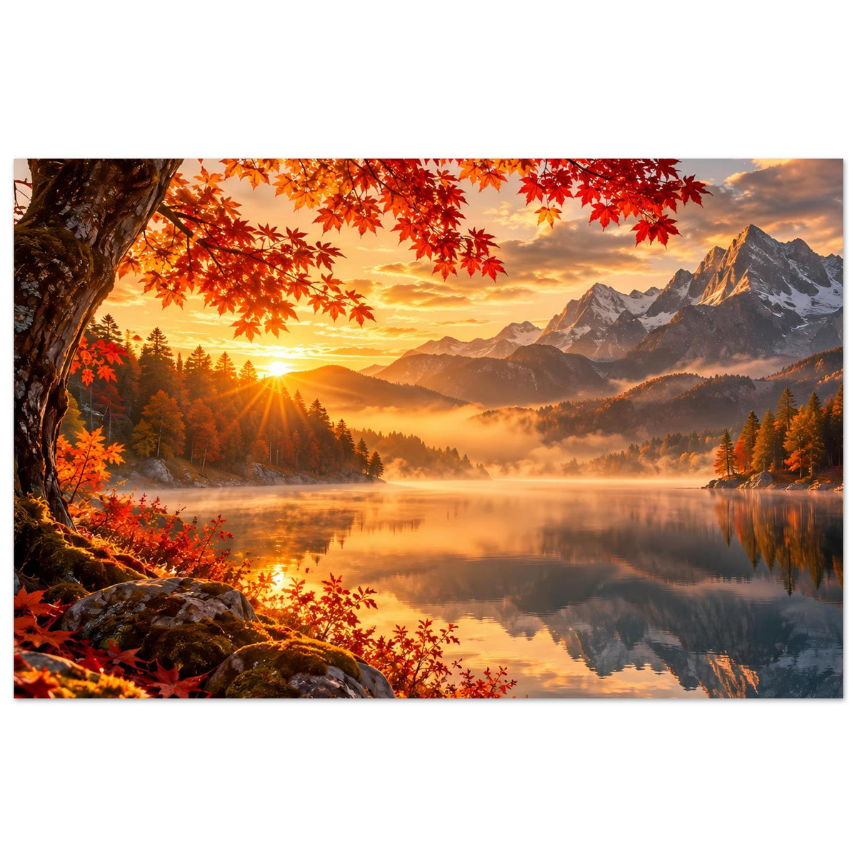 Poster Herbst-Sonnenaufgang mit orange-roten Blättern, Bergkette und ruhigem See.