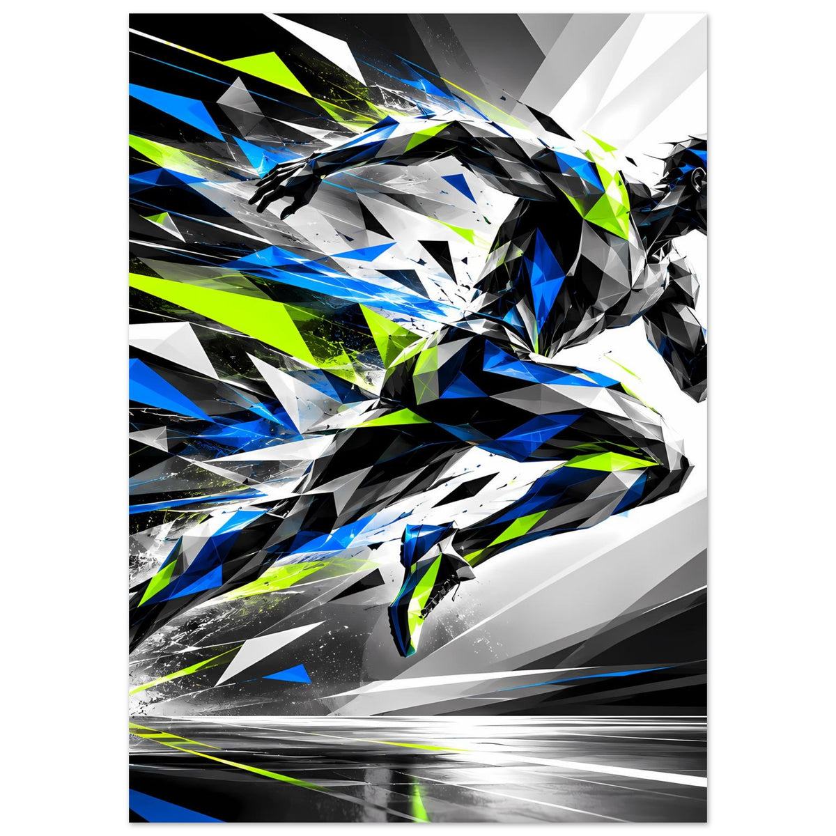 Laufkunst-Poster mit Läufer-Silhouette aus scharfkantigen Formen, Blau/Schwarz/Neon-Grün