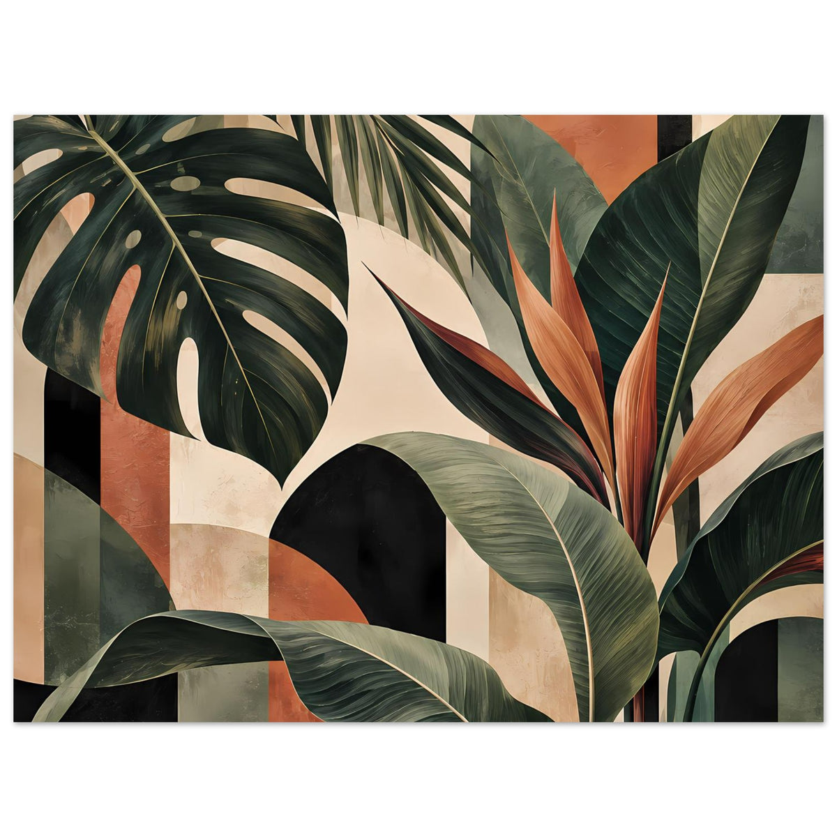 Botanisches Kunstposter mit großen tropischen Blättern in Grün, Orange und Creme, Detailansicht