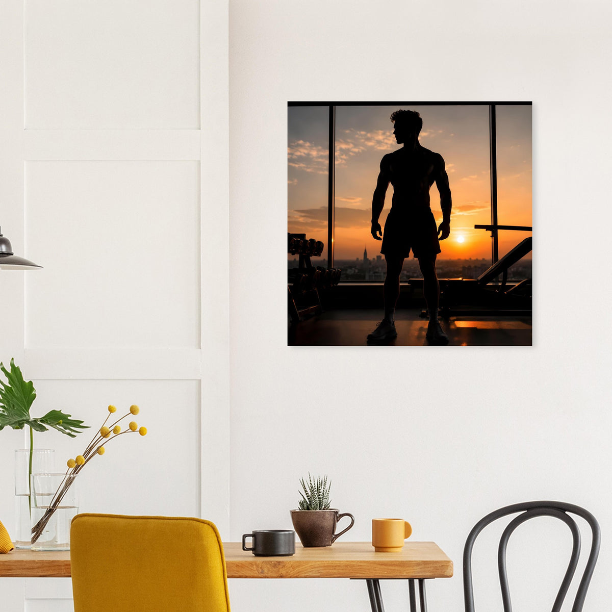 Fitness-Poster mit Sportler-Silhouette vor Skyline beim Sonnenuntergang, schwarz gerahmt