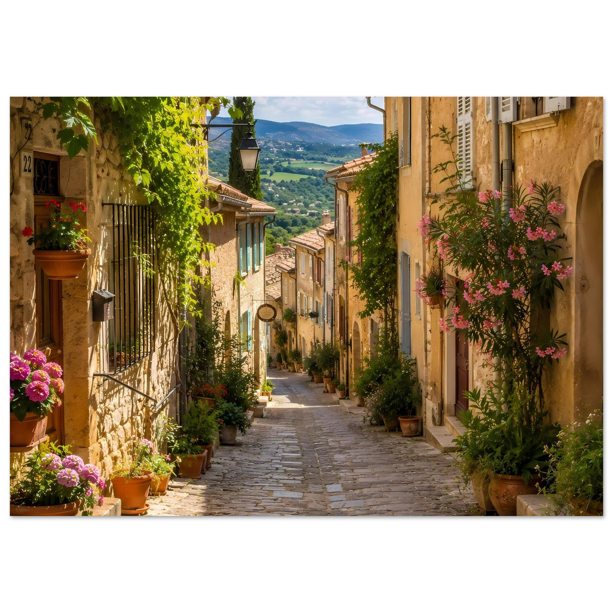Querformatiges Poster: mediterrane Gasse mit Steinpflaster, blühenden Sträuchern und Häusern