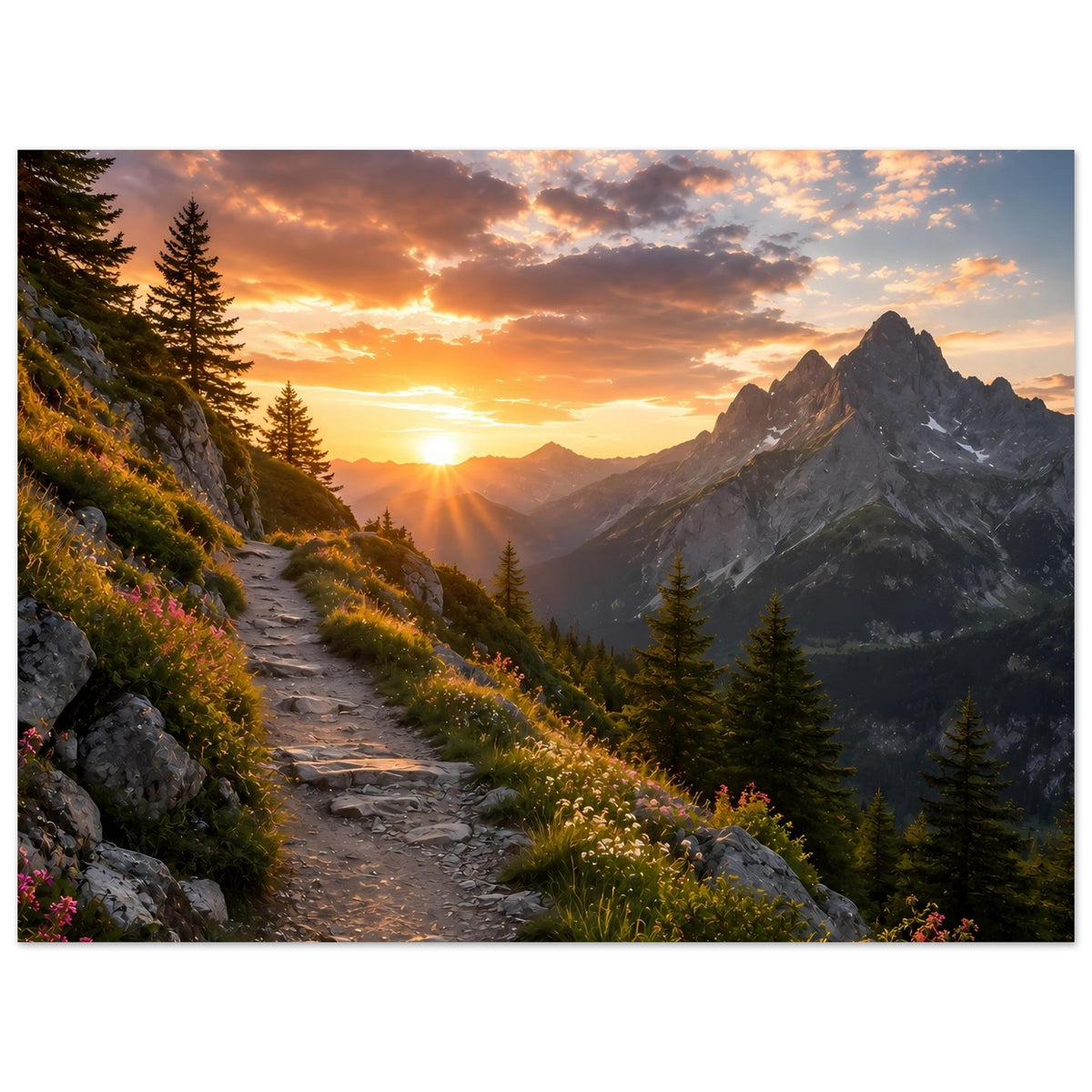 Querformatiges Landschaftsposter mit Bergpfad, Tannen und Sonnenaufgang im Wolkenhimmel