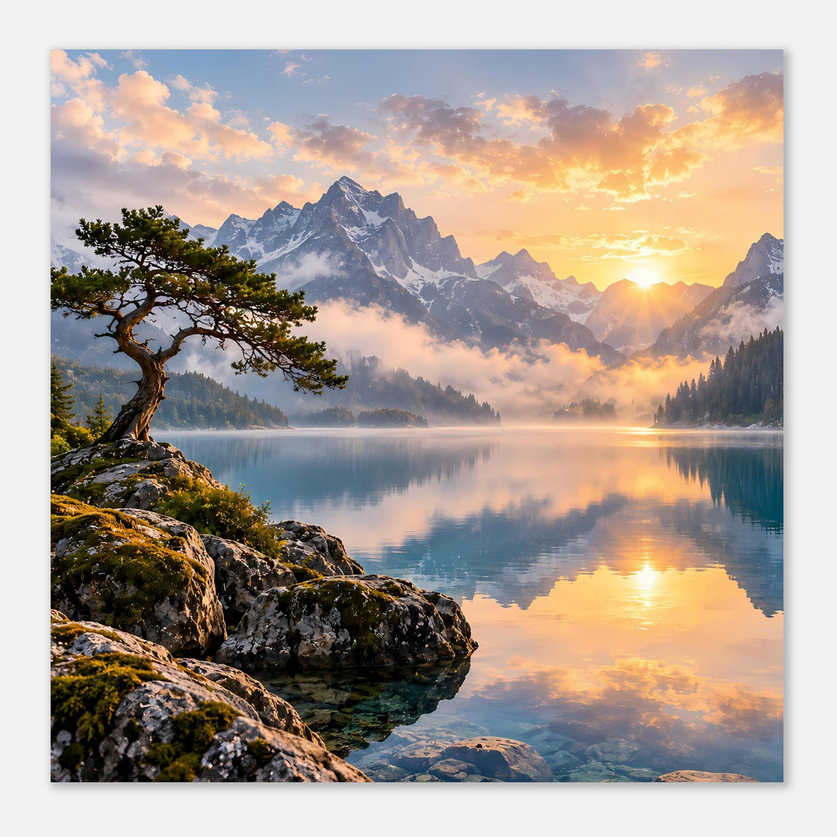 Poster im Querformat mit Sonnenaufgang über Bergsee, Berge und spiegelnder Himmel