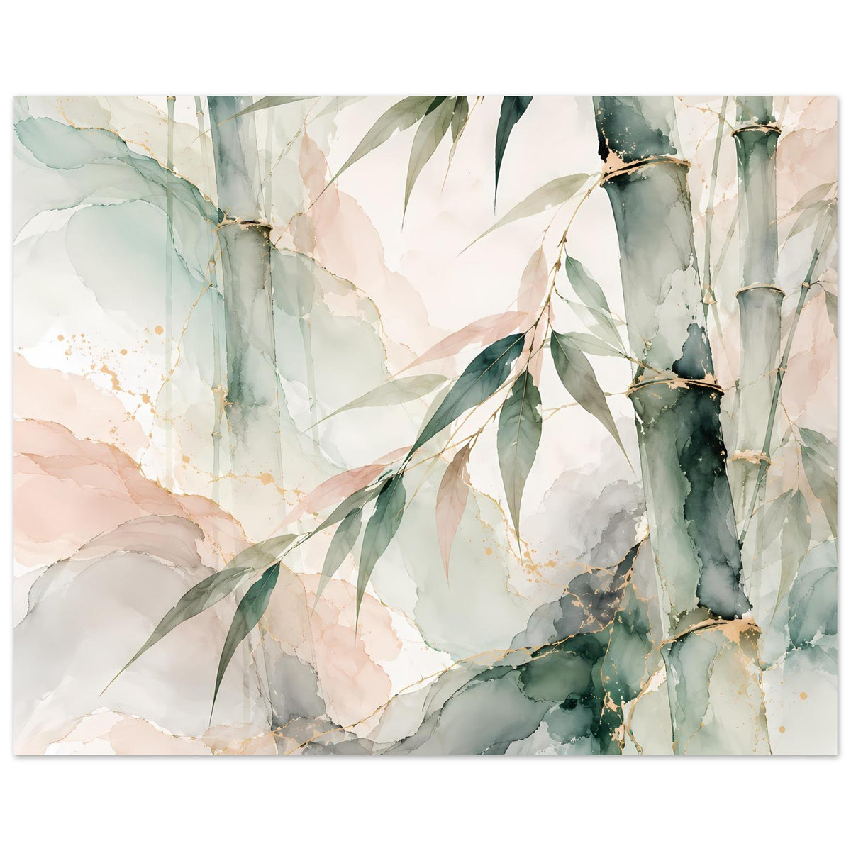 Naturposter mit Bambus-Aquarell-Motiv, ruhige Grün-, Beige- und Rosafarben