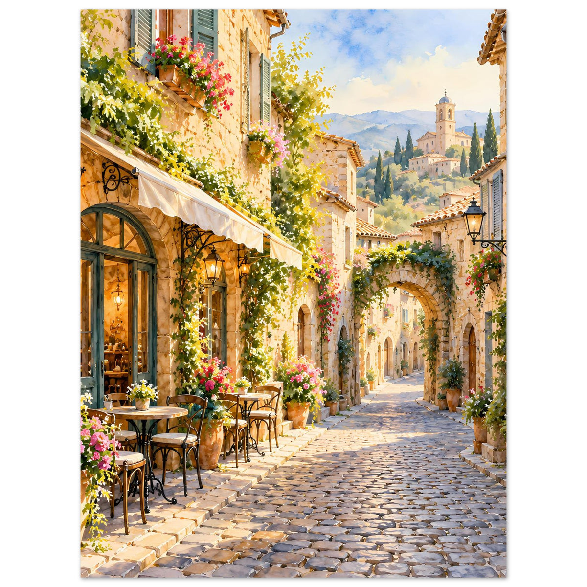 Vertikales Poster mit mediterraner Dorfstraße und Blumenhäusern
