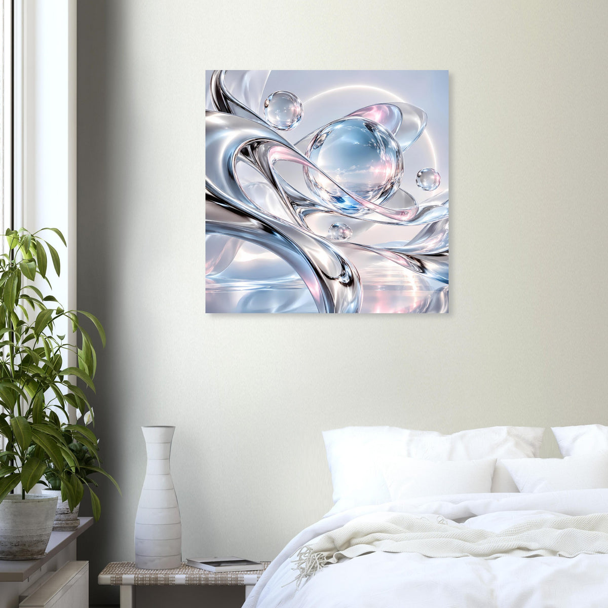 Quadratisches Kunstposter mit silbernem Wirbel und glasklaren, blau hervorgehobenen Kugeln.