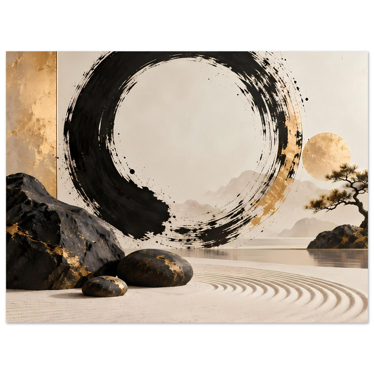 Abstraktes Zen-Poster mit schwarzem Pinselkreis und goldenem Lichtakzent