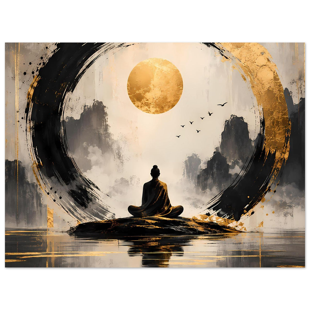 Meditationsposter mit goldenem Mond, schwarzem Kreisring, meditierender Figur und Vögeln