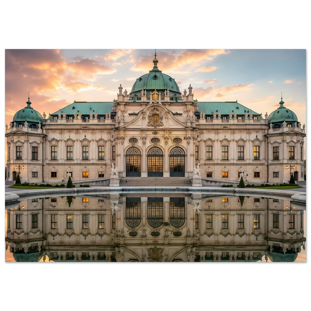Schloss-Poster mit barockem Palast, grüner Kuppel, Sonnenuntergang und Spiegelung im Wasser