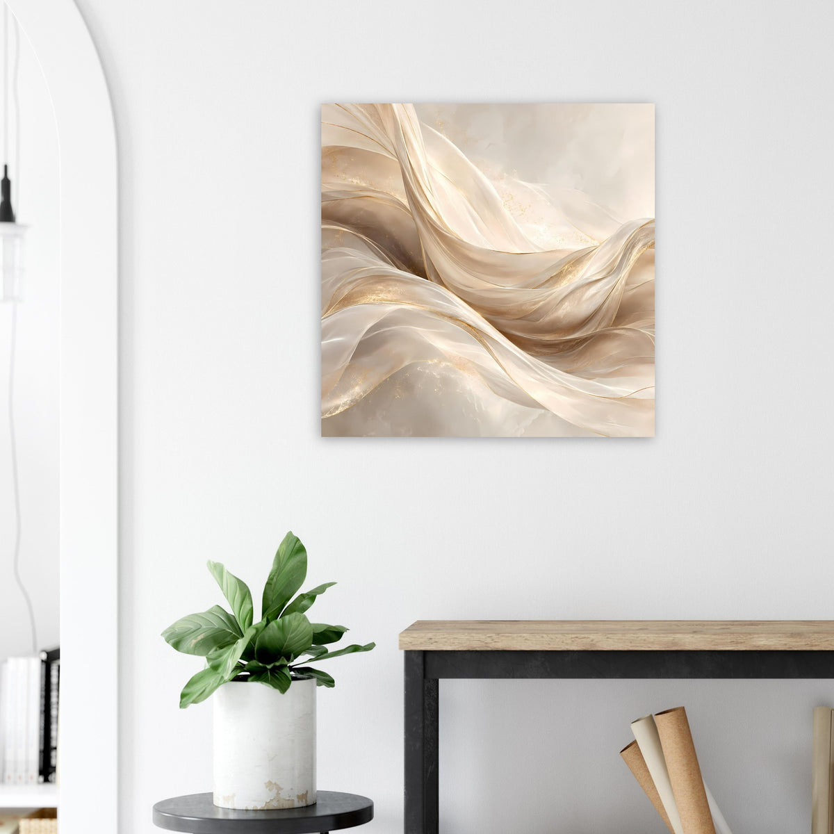 Quadratisches Leinwandposter mit abstrakten creme- und goldfarbenen Schleifen