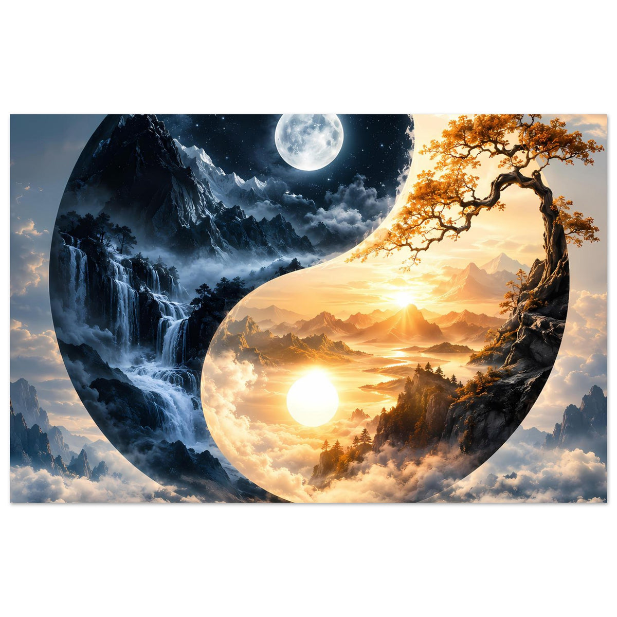 Yin-Yang-Landschaftsposter im Querformat mit Mondnacht und Sonnenaufgang in zwei Hälften