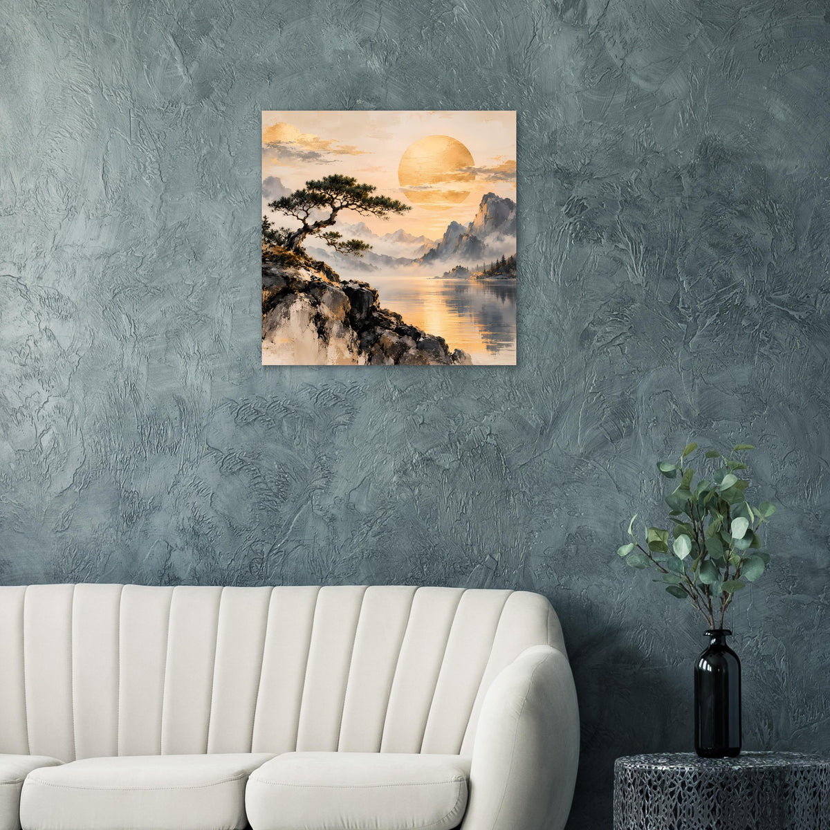 Landschaftsposter mit See, Felsen, Baum und Sonnenuntergang im quadratischen Rahmen