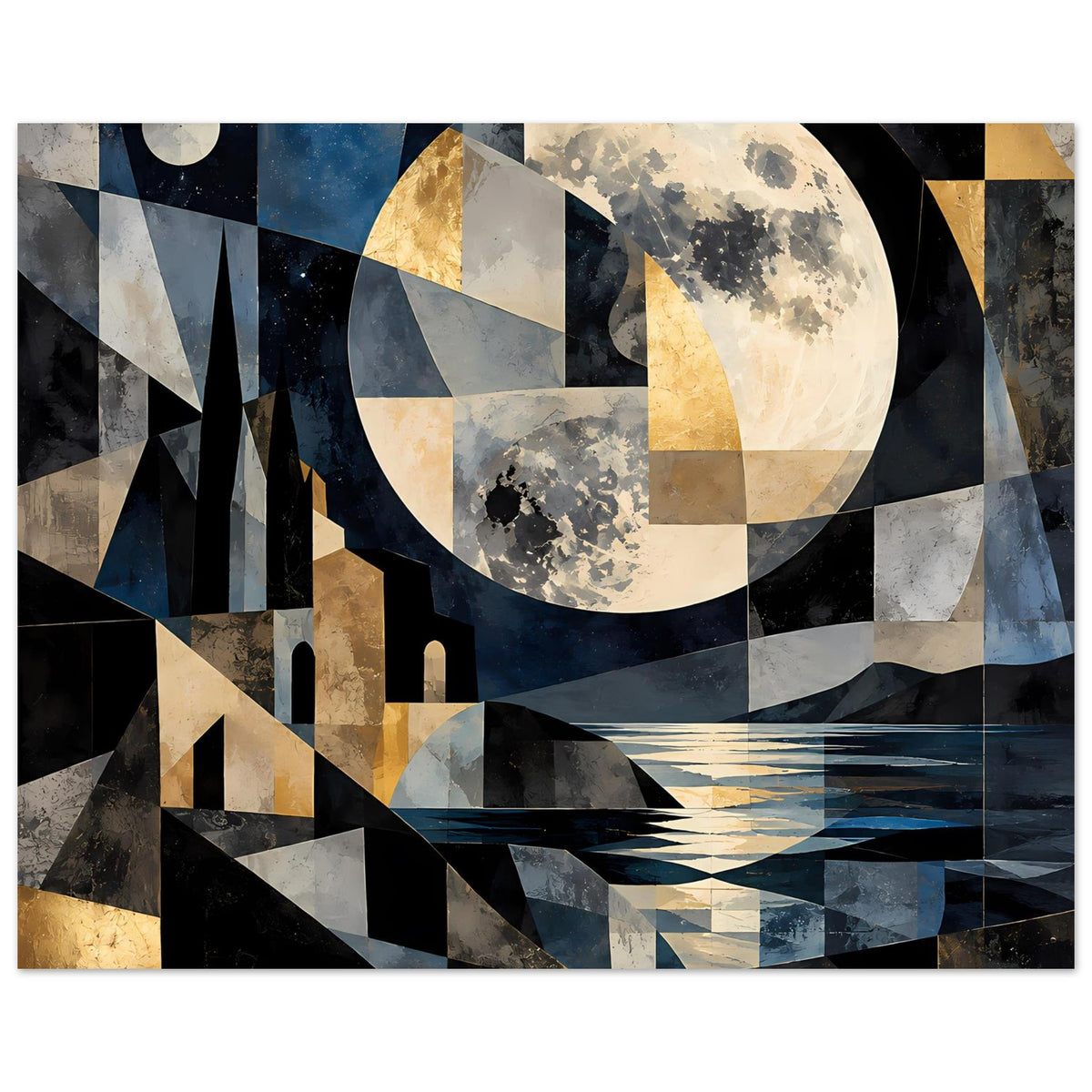 Geometrisches Poster: Mond und Küstenlandschaft, abstrakte Formen in Blau und Gold, Querformat
