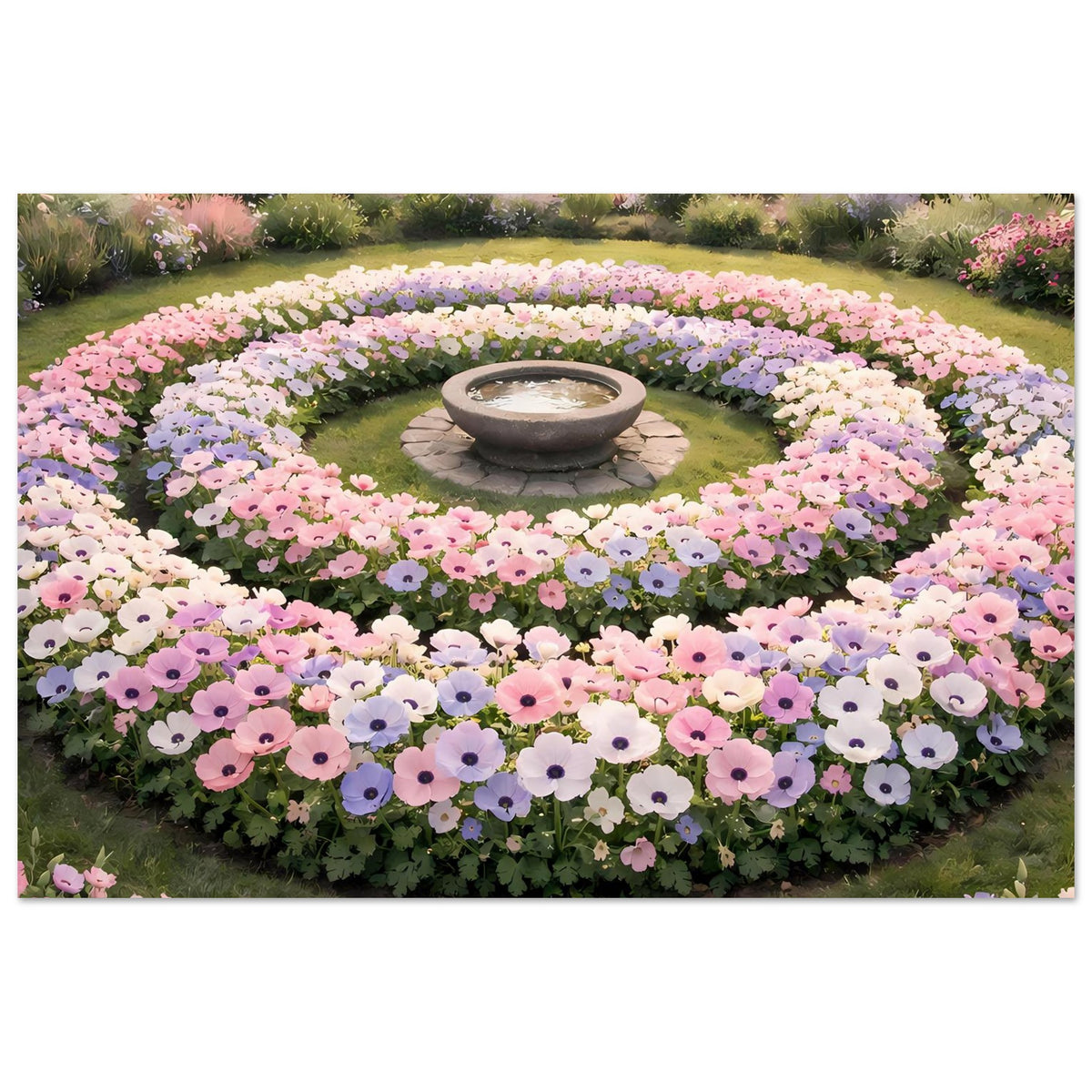 Blumenbeet-Poster mit mehreren Kreisbeeten aus rosa, lila und weißen Blüten