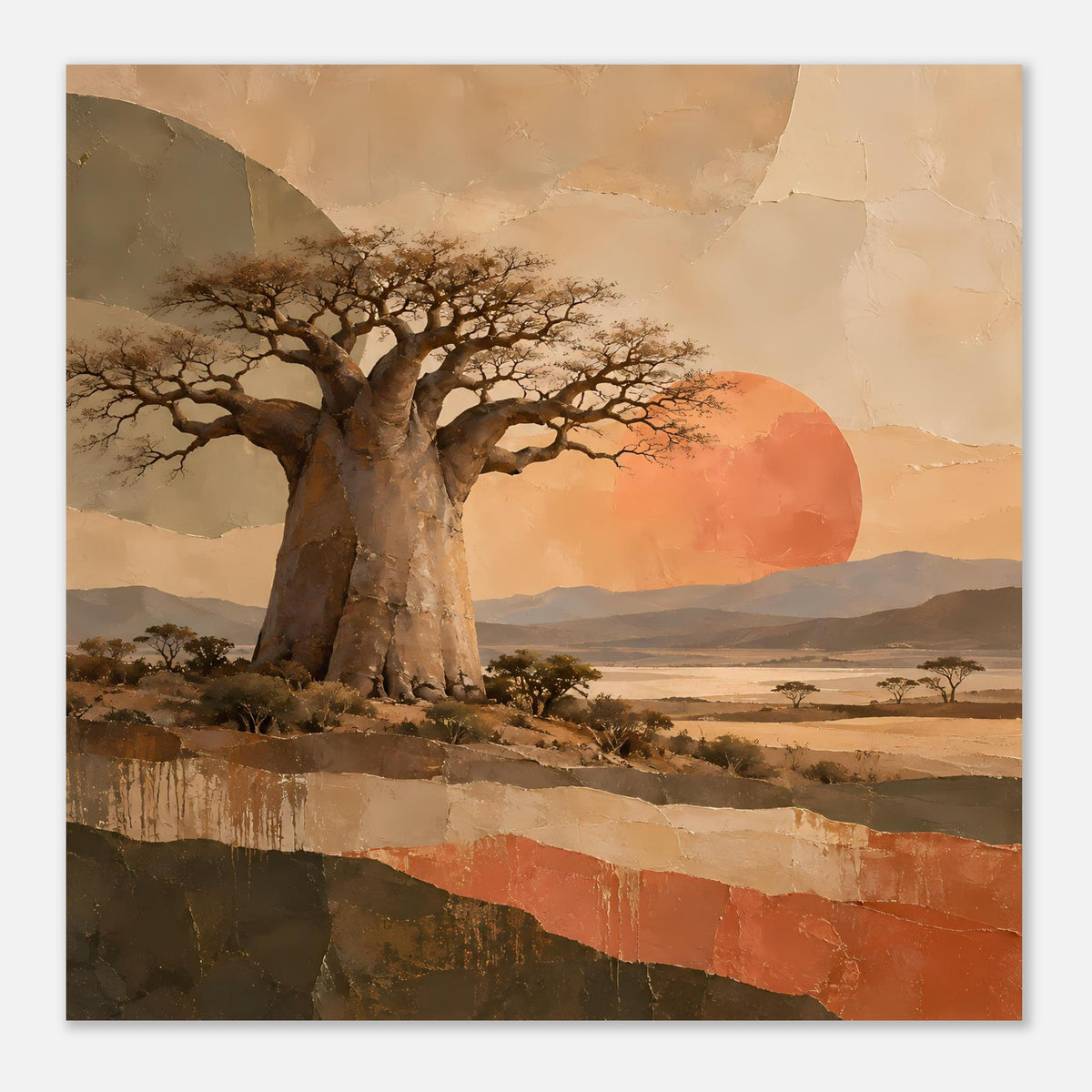Naturposter, Ausschnitt mit Baobab-Baum und orangefarbener Sonne über der Wüstenebene