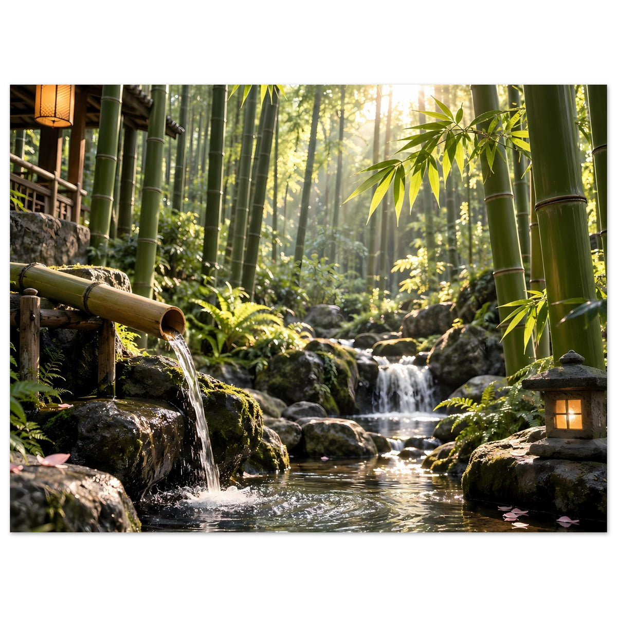 Wandposter: Bambuswald mit Wasserfall, Laterne links und Laterne rechts am Bildrand