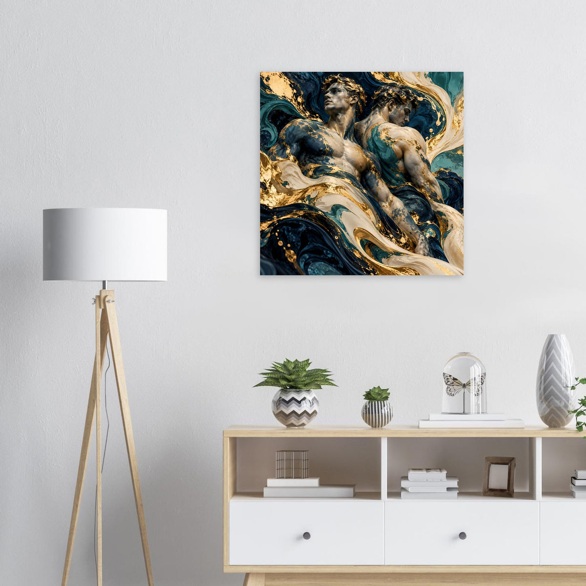 Kunstposter mit barockem Engel-Motiv in Blau, Gold und Creme, quadratisch