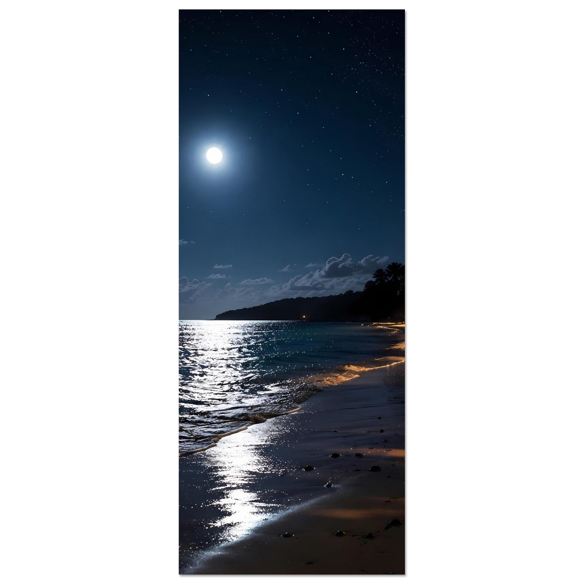 Strandposter hochformat: Strand bei Nacht, heller Mond, Palmen am Ufer