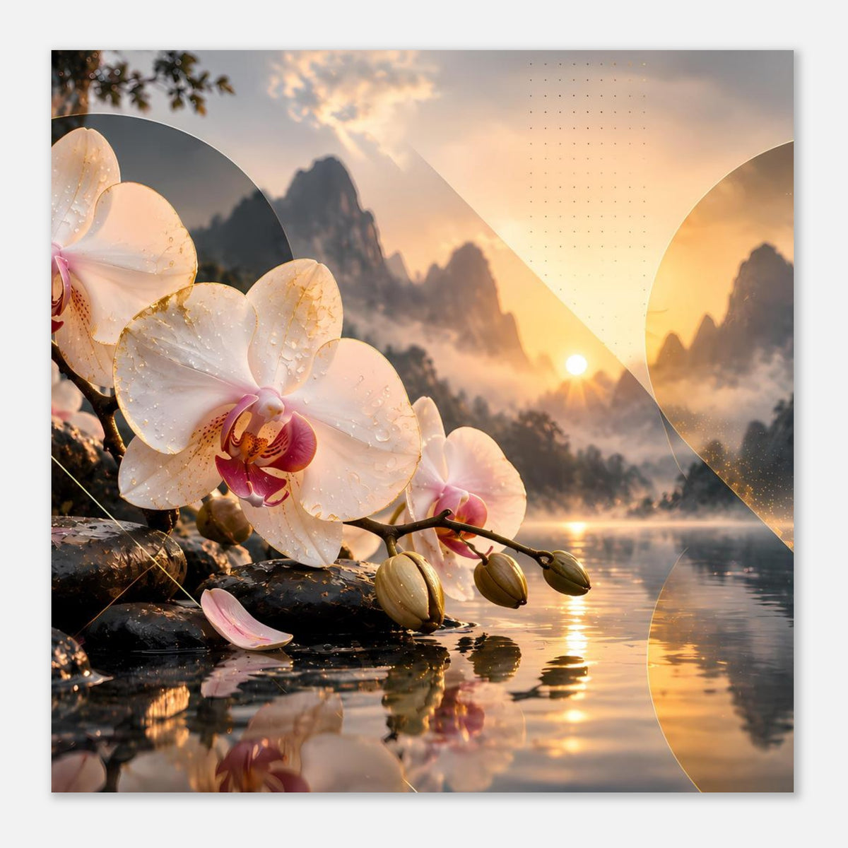 Poster mit weißen Orchideenblüten am Ufer, Spiegelung im Wasser und warmem Morgenhimmel