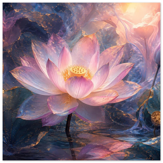 Lotusblüten-Poster mit rosa Blüte und goldenem Zentrum in fantasievoller Wasserlandschaft