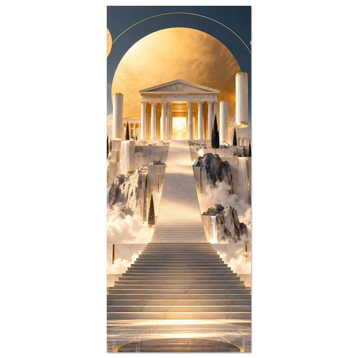 Vertikales Poster-Format: Treppe im Wolkenmeer, goldene Säulen, Portalbogen und Sonnenglorie