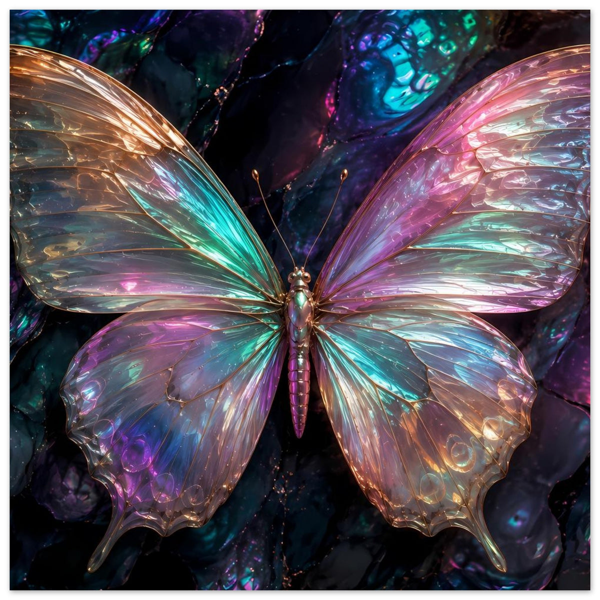 Schmetterlingsposter im Querformat: irisierender Schmetterling mit schimmernden Flügeln in Türkis und Pink