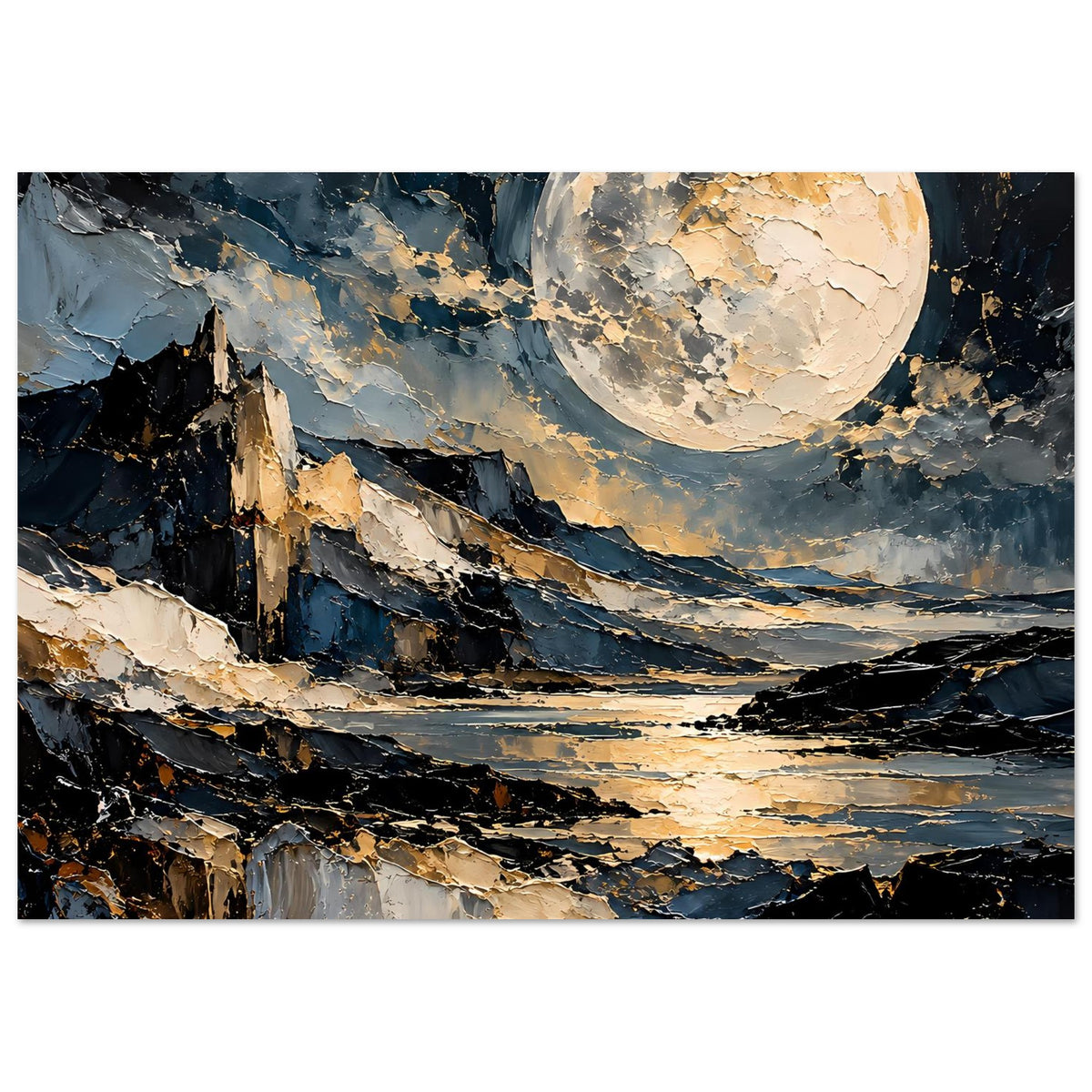Poster mit Vollmond am Himmel, Blick auf Berge und Wasser, dunkle Konturen und Goldakzente.