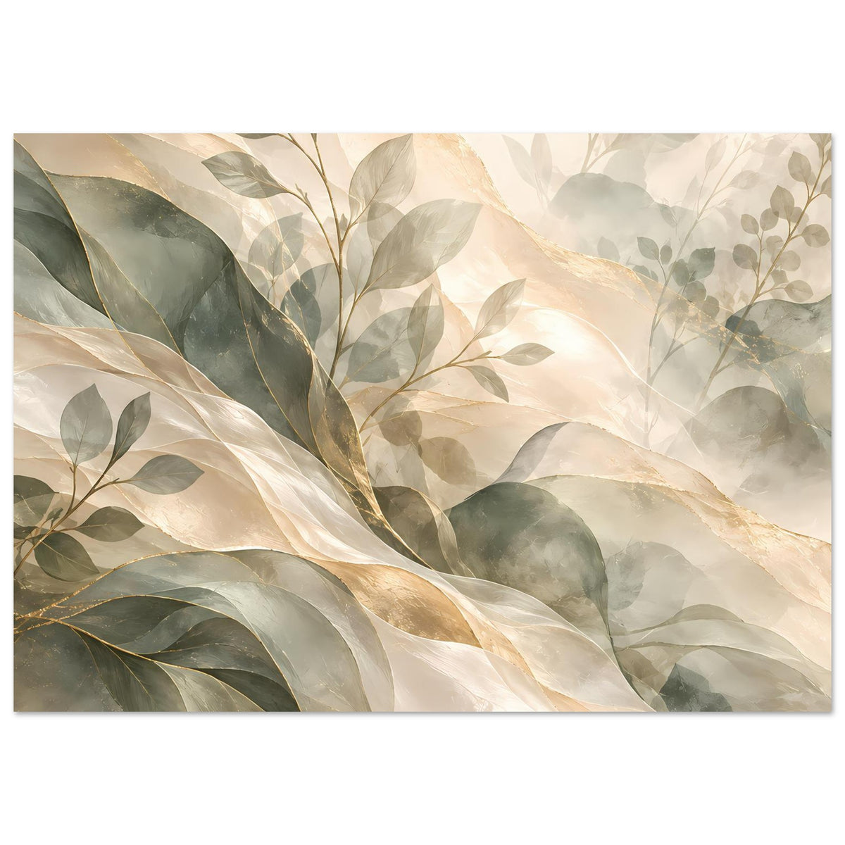 Botanisches Kunstposter mit großen Blättern in Salbeigrün, Creme und Gold, querformatig