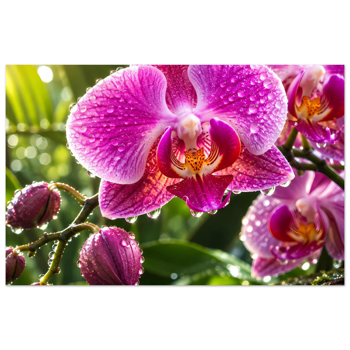 Orchideen-Poster mit pinken Blüten und Tropfen auf Knospen und Blättern
