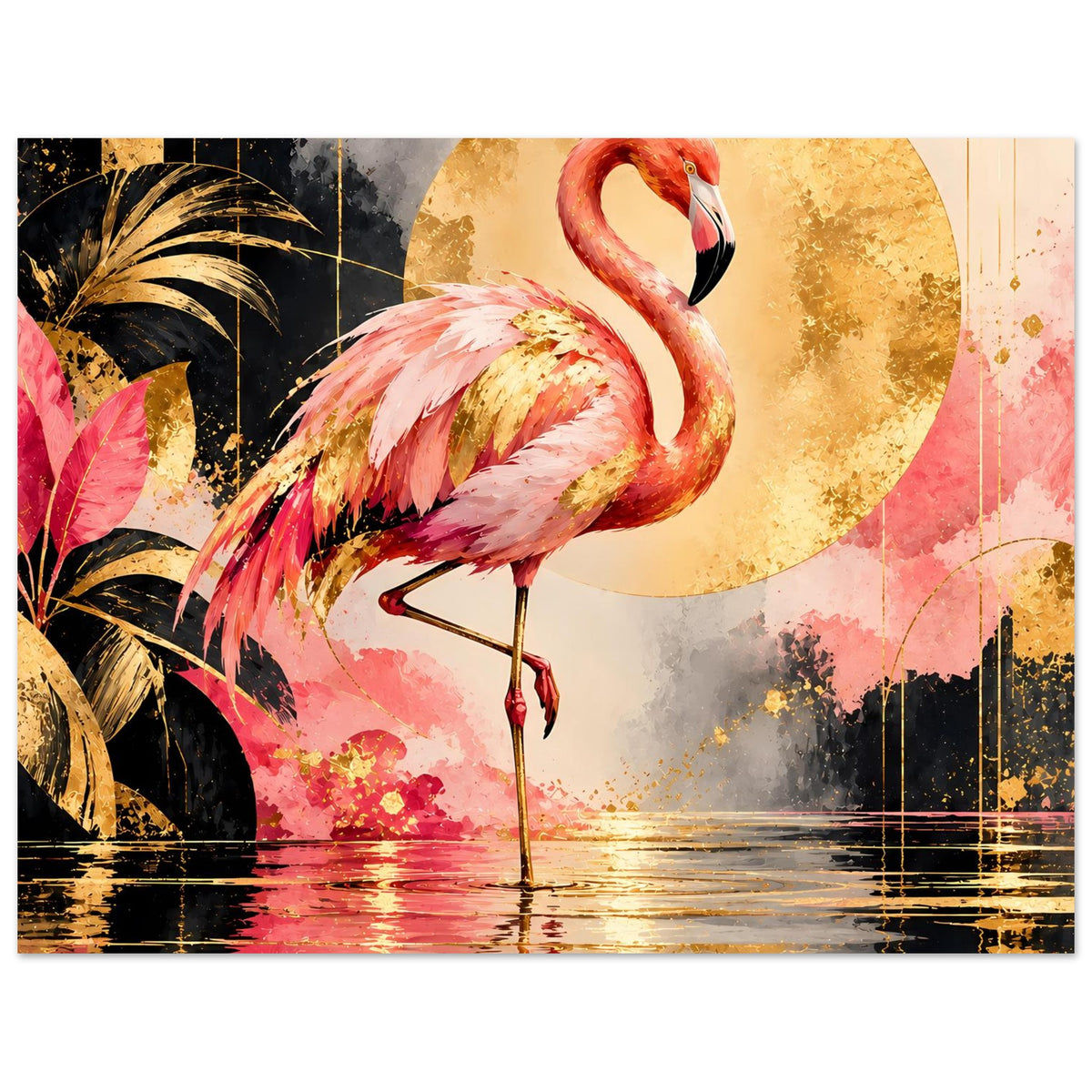 Tierposter mit Flamingo in Pink und Goldakzenten, goldene Scheibe hinter dem Vogel