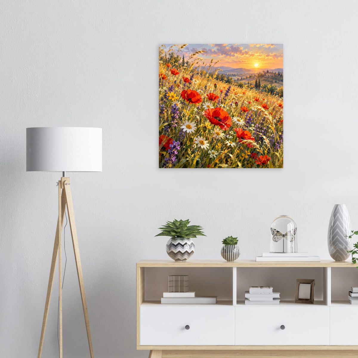 Poster mit wilden Blumen im Feld, Sonnenuntergang und bunten Blüten