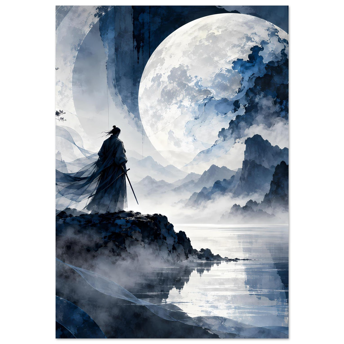 Matte Poster: Samurai in dunklem Gewand vor riesigem Mond, Berge und Nebel mit Spiegelung