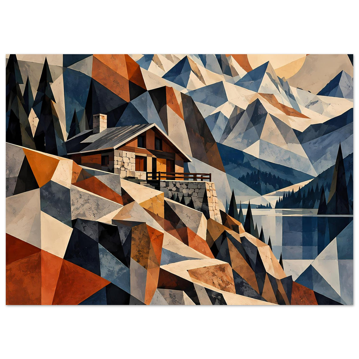 Querformat-Poster mit geometrischer Alpenlandschaft, Berghaus, Blau, Rostrot und Beige