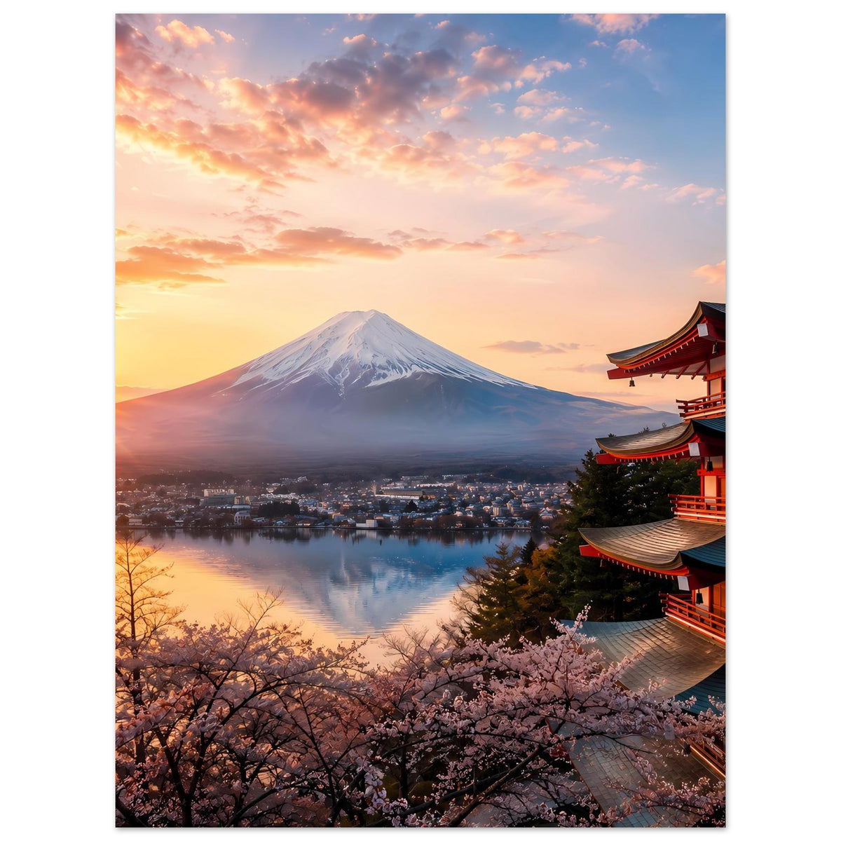 Japanisches Landschaftsposter mit Fuji und Kirschblüten, Tempel rechts bei Abendhimmel